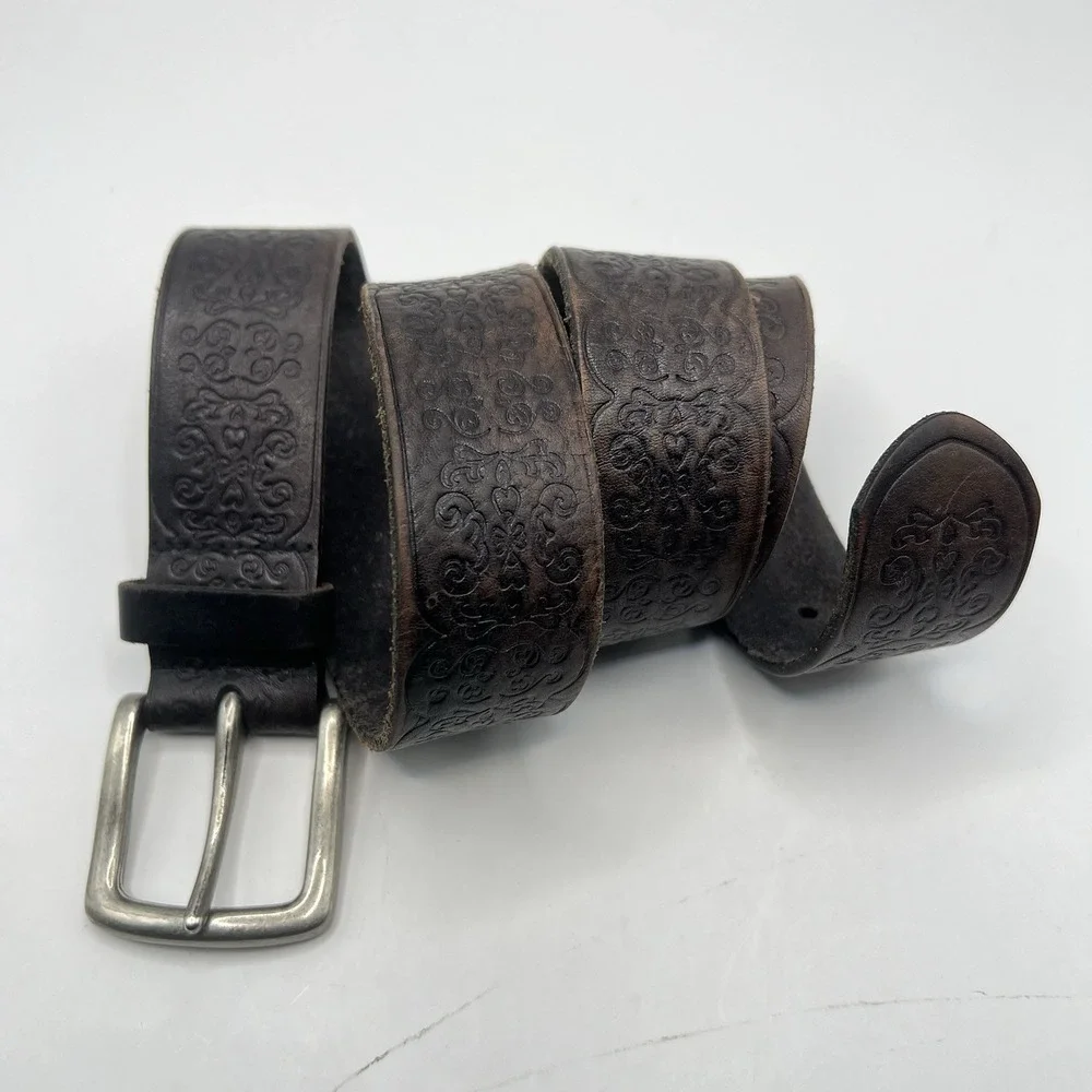 Embossed Tooled Scrolling Genuine Leather Belt 35-40 Brown Western Boho Festival